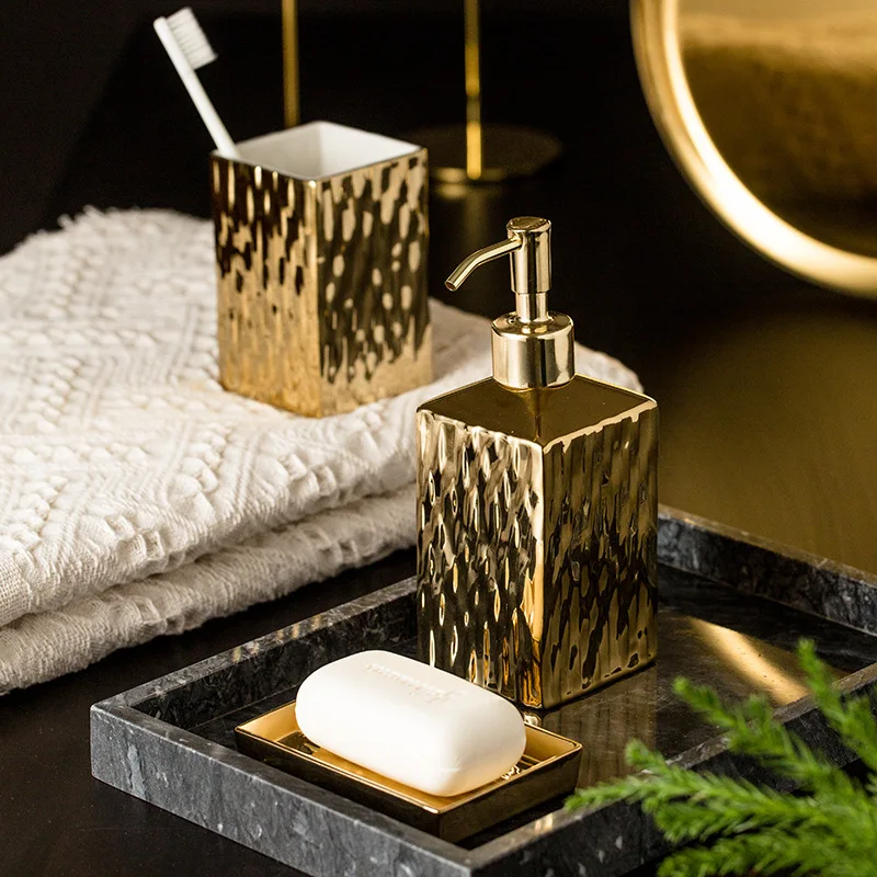 Ceramic Bathroom Accessories Set Gold Silver Soap Dispenser Gargle Cup Soap Dish Home Bathroom Decor Wash Set Gold Finished