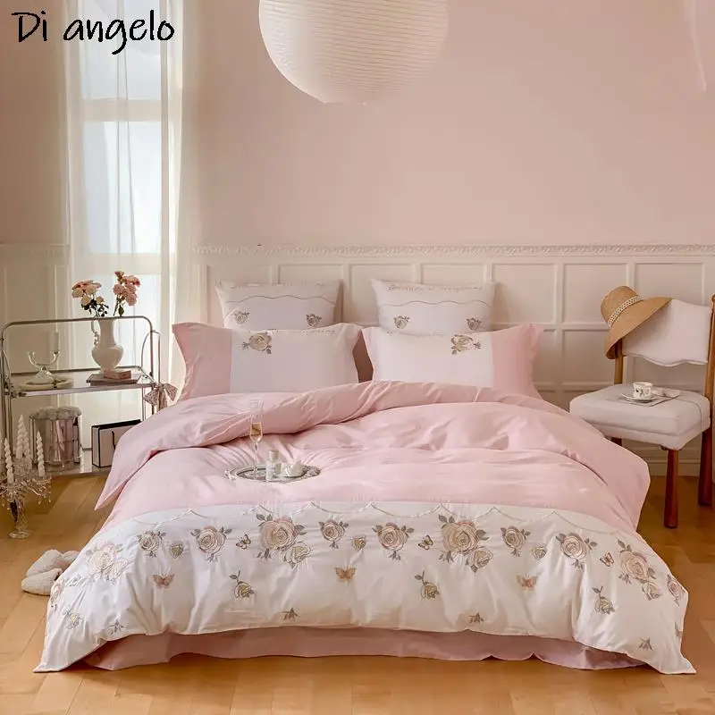 

Luxury High End Embroidery Cotton Pink Wedding Gift Bedding Set Queen King Size Duvet Cover Bed Sheet Flat Sheet RU Europe #/L