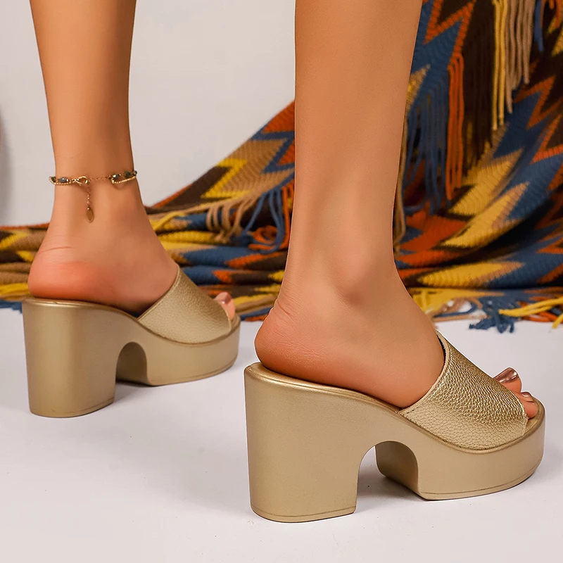 Fashion Gold High Heels Slippers Women 2026 Summer Pu Leather Chunky Platform Sandals Woman Plus Size 43 Outdoor Slippers Ladies image 6