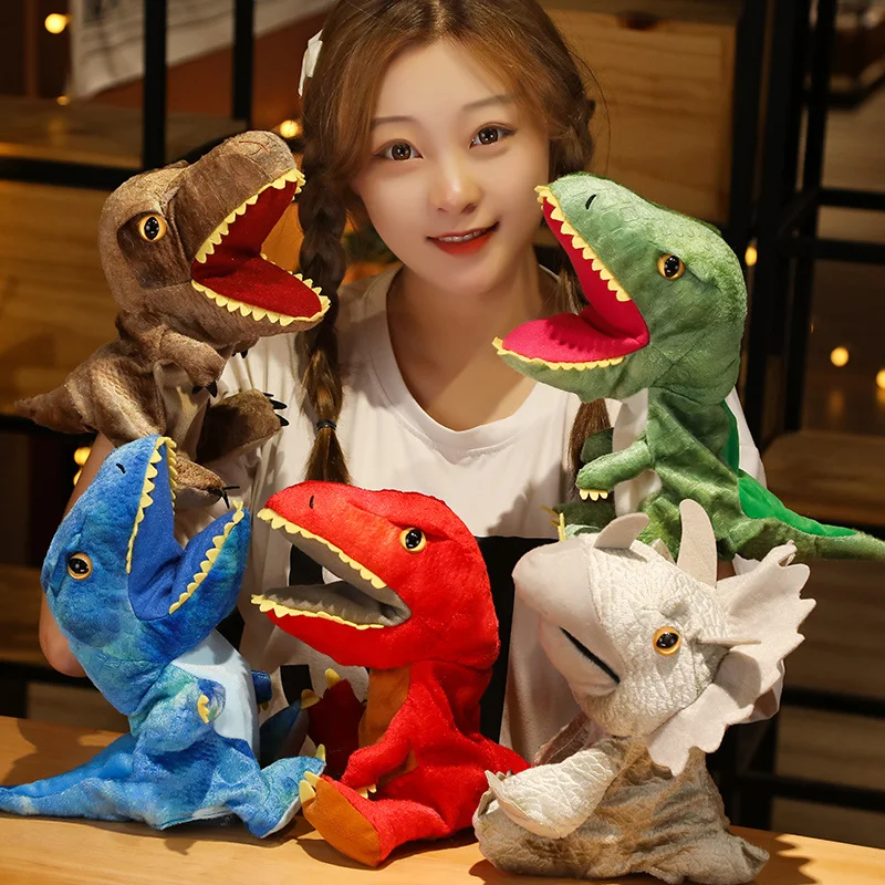 35cm Five Colors Dinosaur Plush Puppet Tyrannosaurus Triceratops Cartoon Animal Plushie Interactive Tell Story Small Prop Gift