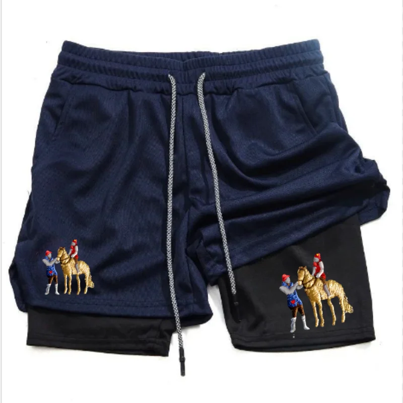 

2024 new galloping horse logo men's two-in-one sports shorts running quick-drying shorts gym fitness training double layer