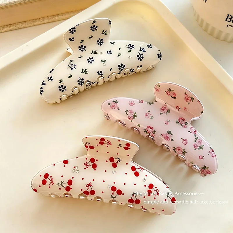 High Quality Acetate Cherry Flower Rhinestone Hair Claw For Women Girls Sweet Hair Clip Claw Clip Fashion Hair Accessories