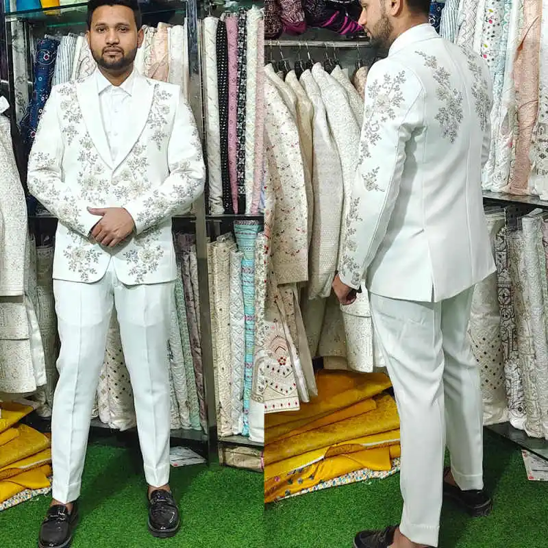 

Luxury Crystals Beaded Men Suit 2 Pieces Jacket Pants Single Breasted Groom Wedding Tuxedos Party Prom Special Occasions