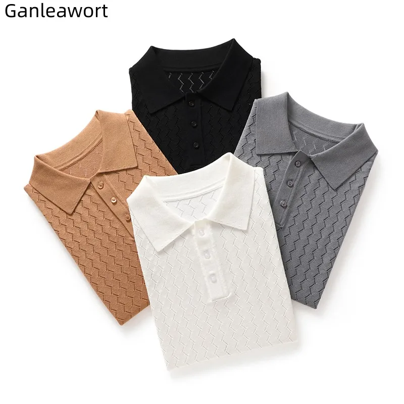 

Luxury Summer Men's T-Shirt Thin Short Sleeved Hollow Mulberry Silk Knitting Polo Shirt Slim Casual Tops 2023 New Korean Version