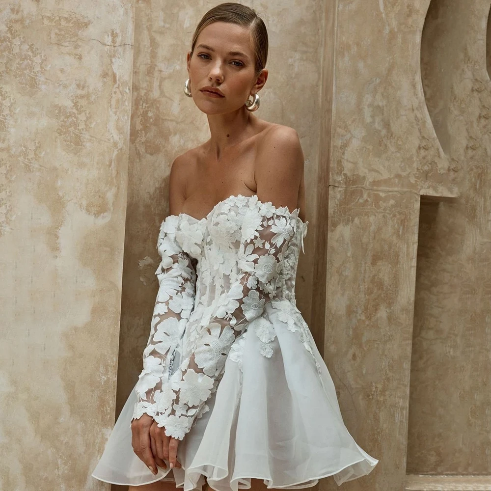 Robe de mariée brodée à manches longues au-dessus du genou, mini chérie personnalisée, organza, bustier à désosser, tenue de patient courte