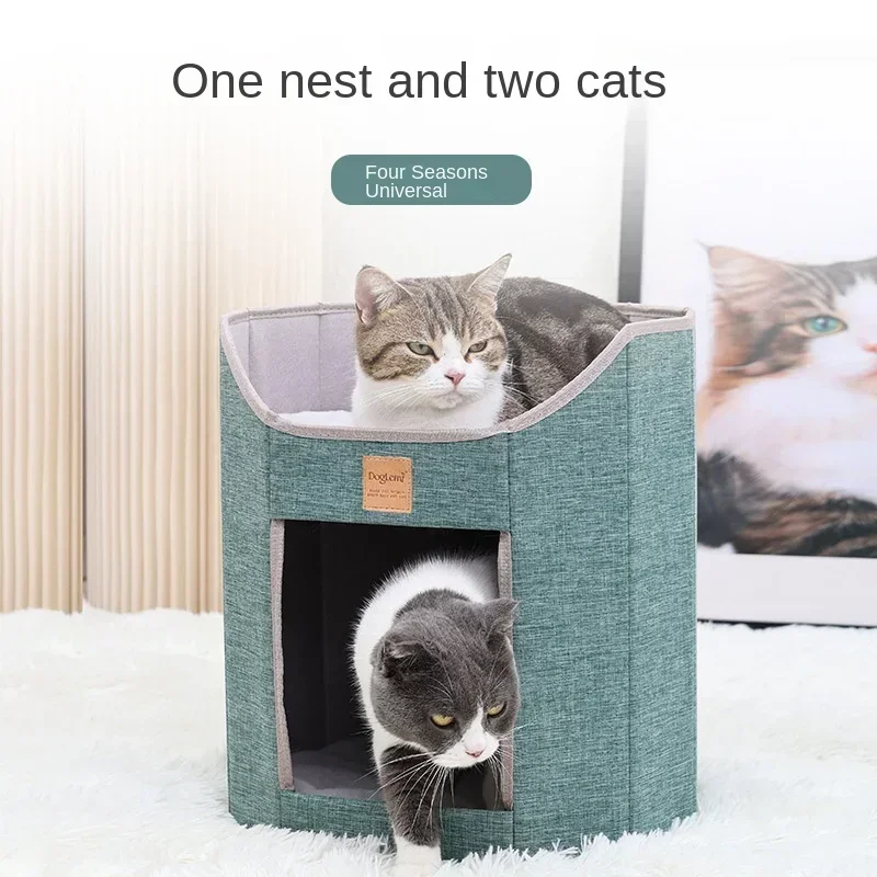 

Cats House Foldable Cat Tree Bed for Indoor Cats Cave House Small Kitten Sleeping Bed Double Deck Four Season House