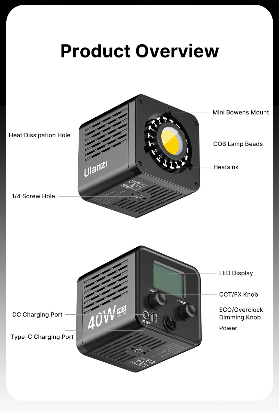 Ulanzi L023 40W Pro Videoleuchte Mini Bowens Mount COB Licht Bi-Color 2500-6500K 3400mAh Videoleuchte für Fotografie – Detail 15