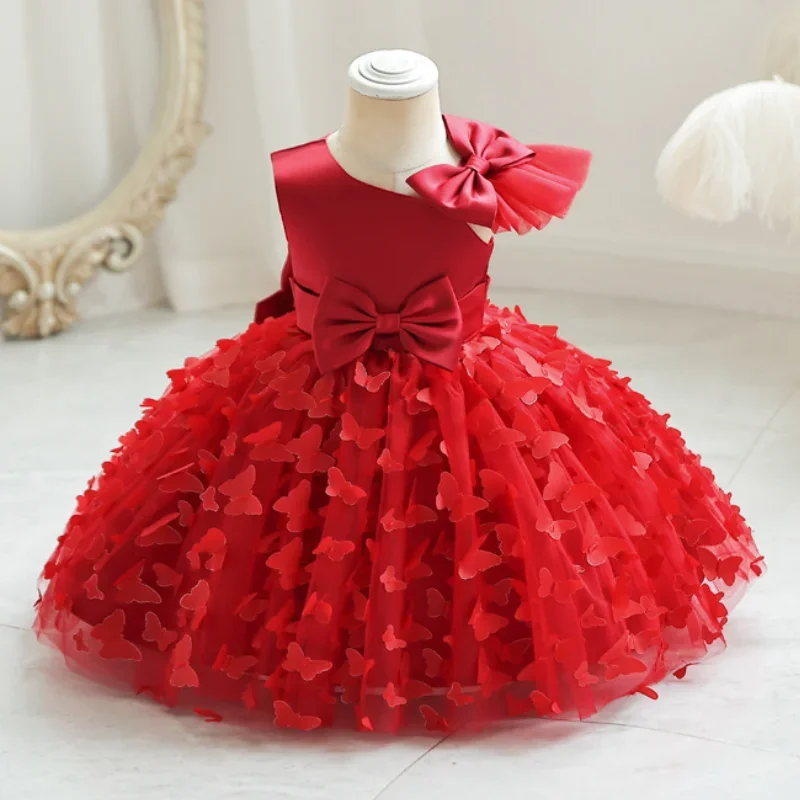 

New Cute Butterfuly Flower Girls Brithday Wedding Dress Baby Kids Beauty Dress With Bownot