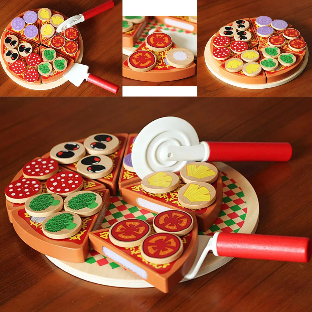 Children's Home Wooden Toys Fast Food Combination Wooden Simulation Cutting Music Pizza Burger and French Fries Set Food Toy