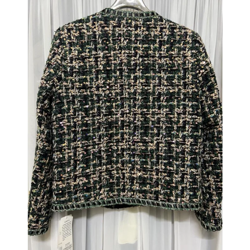 Giacca francese vintage con piccola fragranza da donna primavera autunno casual cappotto a maniche lunghe in tweed verde scuro allentato casual di