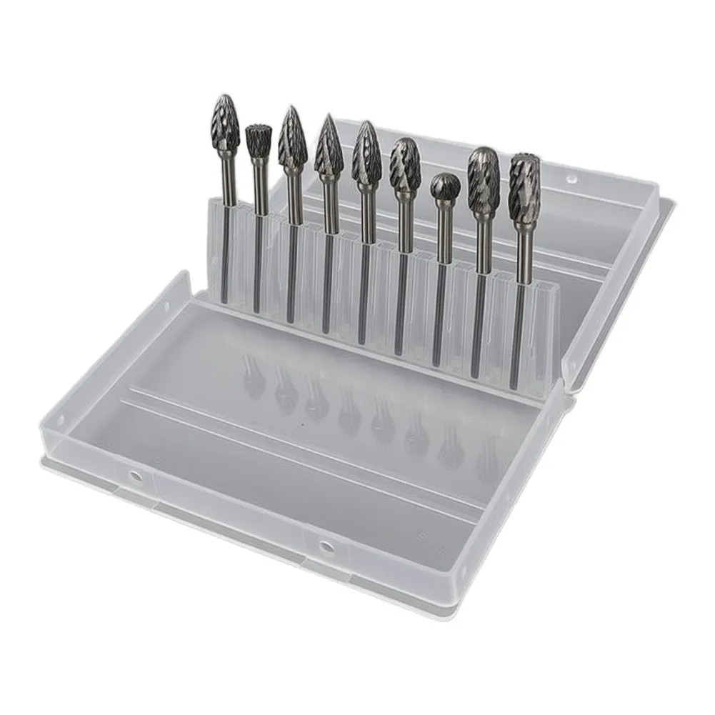 Carbide File Set 10 Pieces 3mm Shank Diameter for Rotary Tool Grinding Applications on Hard Materials Storage Case