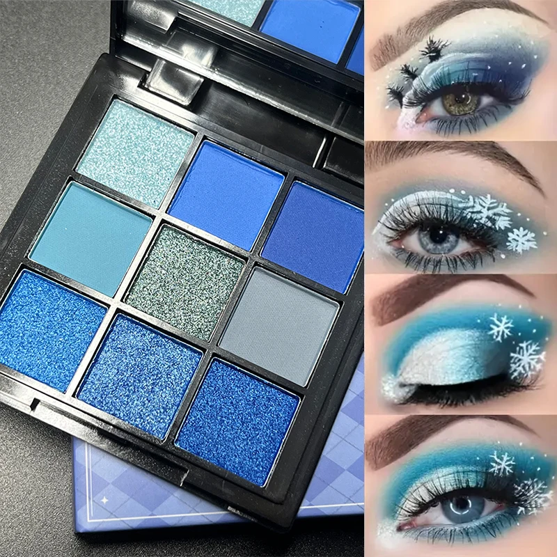 Blaue Lidschatten-Palette mit 9 Gittern, glitzernd, perlmuttartig, matt, Lidschatten, Schimmer, Make-up, langlebig, für Damen, Schönheit, Augenkosmetik