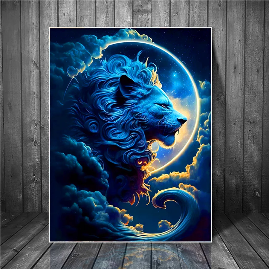 5D DIY blue lion Art Full Rhinestones Drill Diamond Painting Mosaic fantasy cloud moon landscape cross stitch Home Decoration