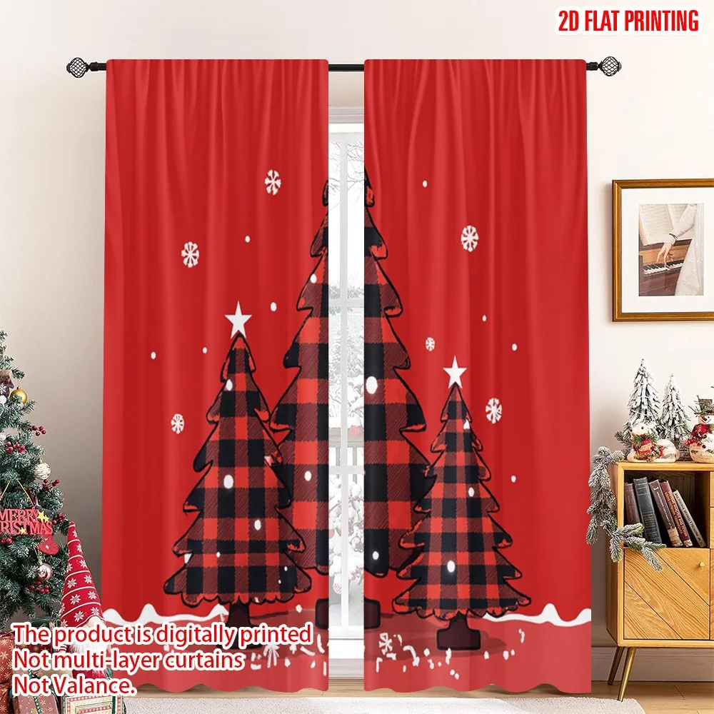

2pcs 2D flat printing Merry Christmas Popular Window Curtains Buffalo Plaid Christmas Trees_a 100% Polyester Fabric Without