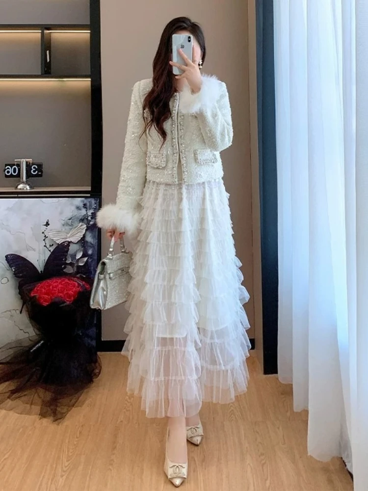 Chiffon Ruffle Dress Solid Color Scarf Collar Rhinestone Tassel Elegant Temperament Mermaid Luxury Chic Lady Women Skirt