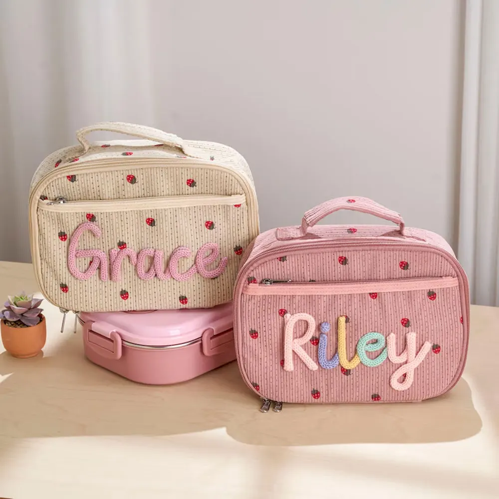 

Personalized Insulated Lunch Bags 2025 New Hand-Embroidered Unique Name For Kids Corduroy Multifunctional Handbag Storage Box