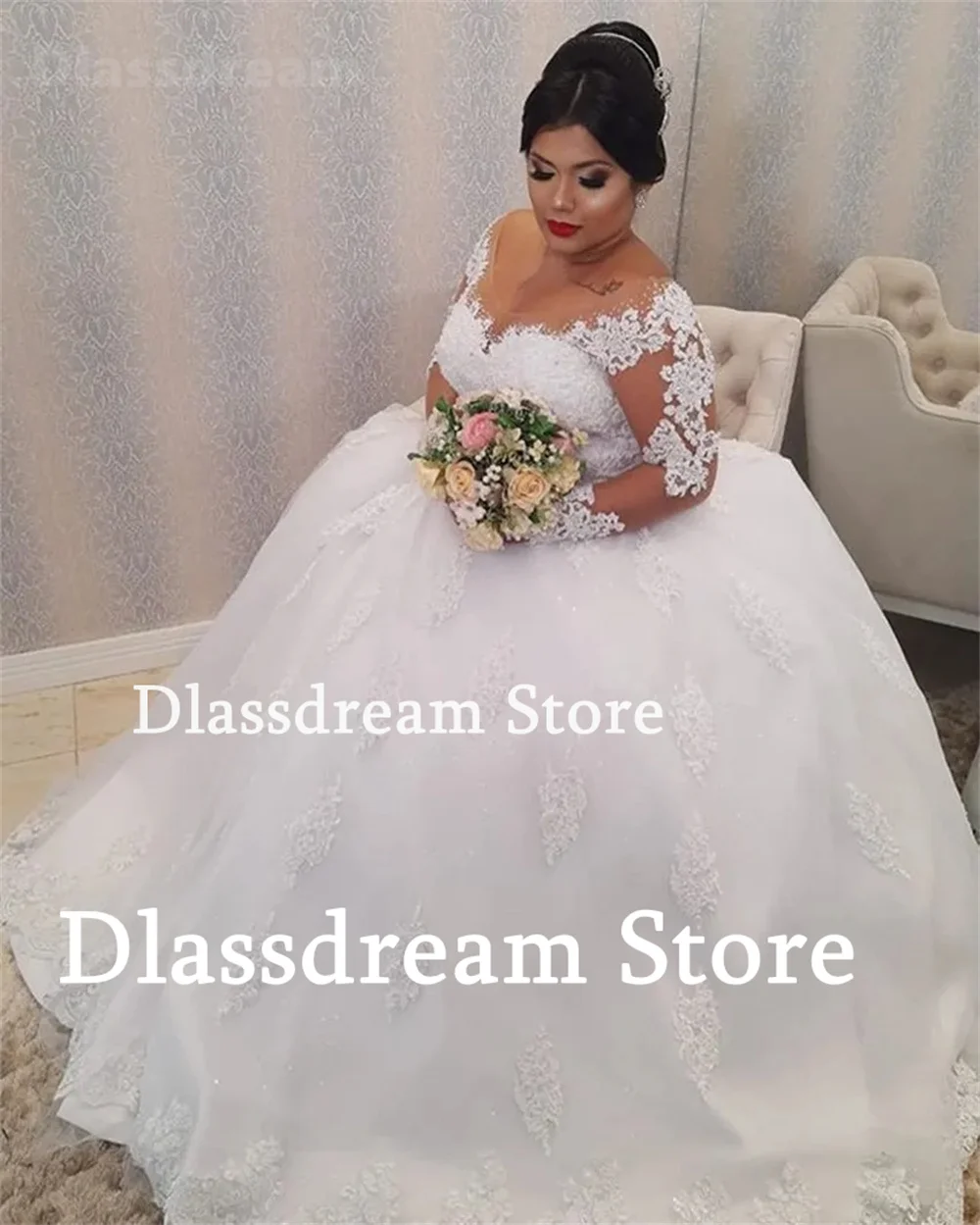 Nuove donne di lusso abito da sposa trasparente scollo tondo maniche lunghe principessa Prom Ball Gown Appliques di pizzo a-line Tulle abito da sposa