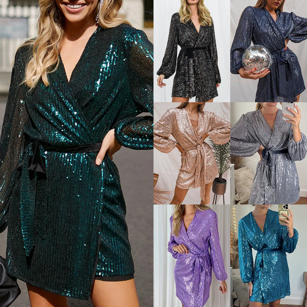2025 New Glitter Mini Wrap Skirt V-neck Bubble Sleeves Shining Party Dress