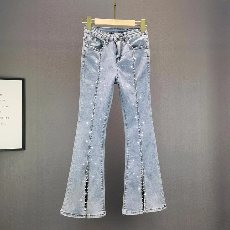 

High Waist Slim Fit Micro Flare Denim Jeans Women's Summer Faion 202 Diamond Embellied Slit Long Pants Cotton Stretch