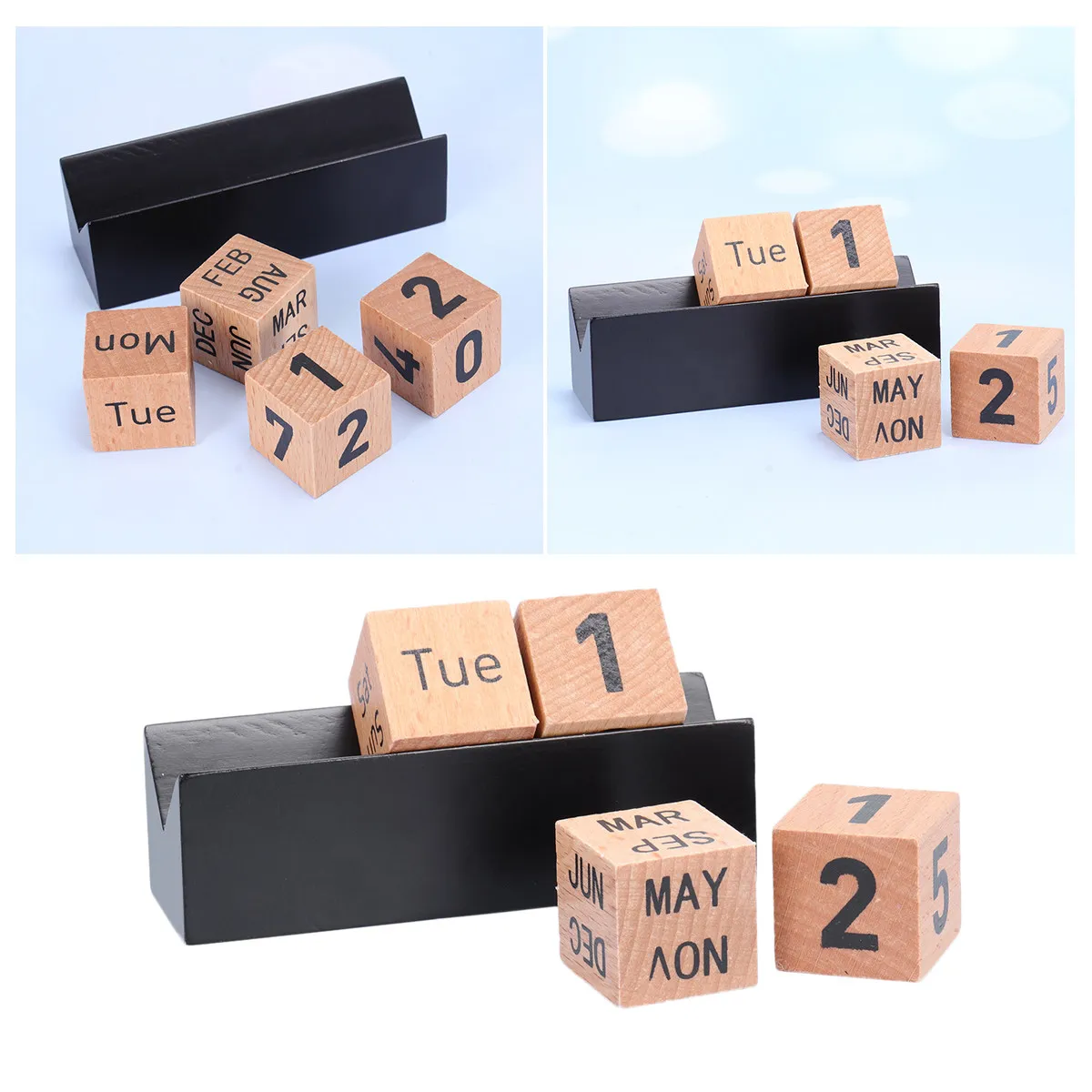 Wooden Desktop Calendar Decoration Natural Wood Table Perpetual Cube Block Calendar Vintage Style Office School Ornament