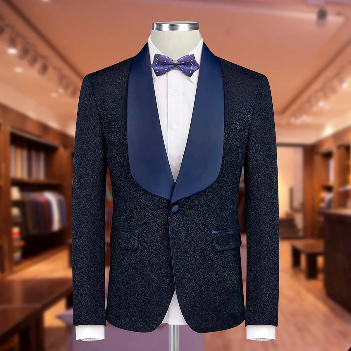 Esmoquin de boda para hombre, traje con patrón de Jacquard, chal, solapa, bolsillos de un botón, abrigo personalizado, chaleco, pantalones normales, fiesta de novio