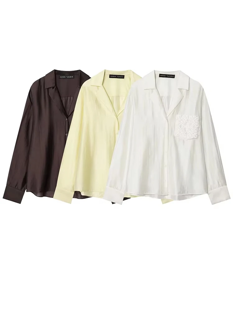 HH Summer Woman Elegant Single-Breasted Embroidery Decorate Translucent Top 2025 Women Chic Lapel Long Sleeves Loose Shirts