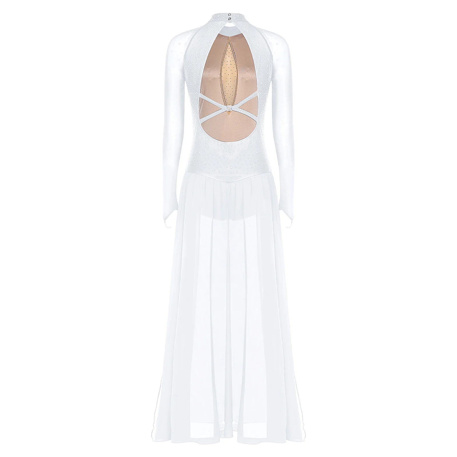 النساء ثياب التزلج الباليه فستان رقص غنائي الحديثة Dancewear طويلة الأكمام عارية الذراعين الشيفون الراين داخلية فستان ماكسي