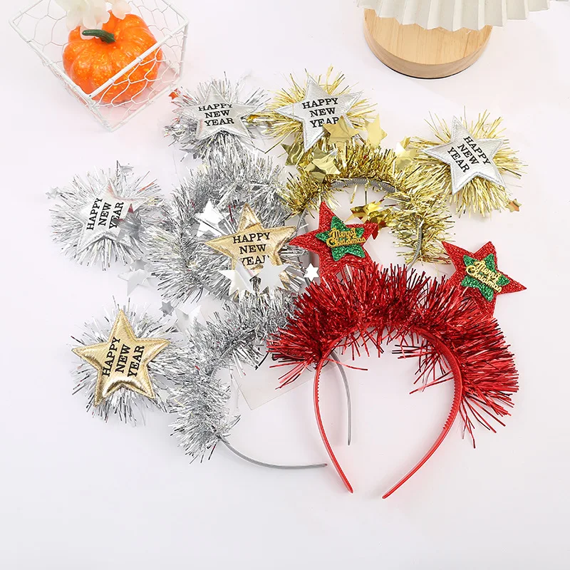 Christmas pentagram headband creative bright silk English letter holiday headband party performance hair accessory prop pom pom