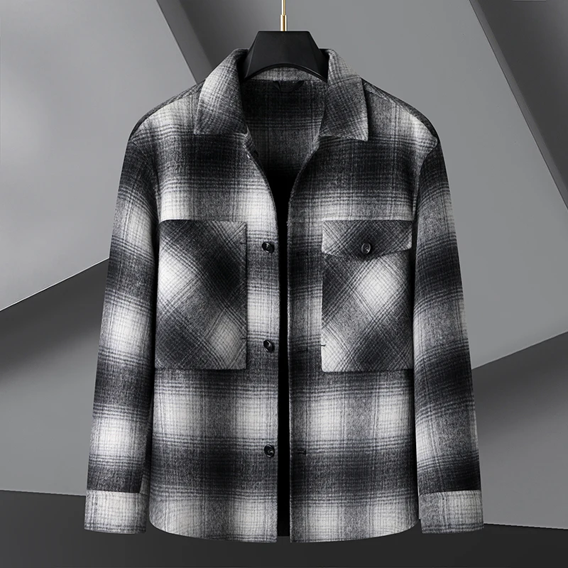 

Luxury Man Plus Size Lapel Jacket Winter New Grid Color Blocking Snap Button Comfortable Coat Leisure Fashion Hot Men's Clothing