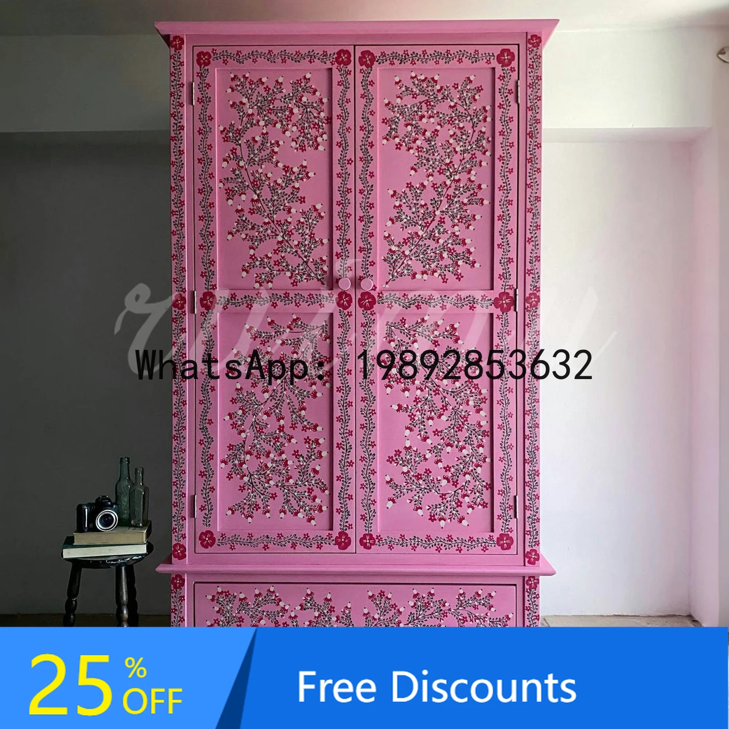 American Retro Solid Wood Wardrobe Home Cloakroom Pink Painted Wardrobe Bedroom Independent Wardrobe