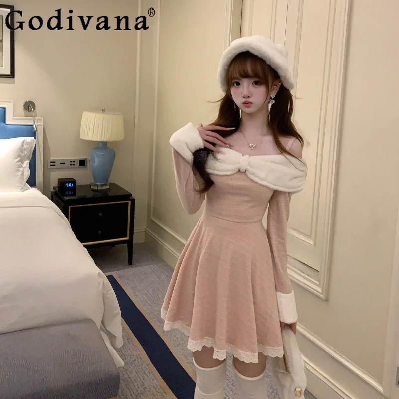 

Winter Cute Pink Off Shoulder Fluffy Dress Female Long Sleeve Slimming Sweet Dress Women's Japanese Style Lolita Dress