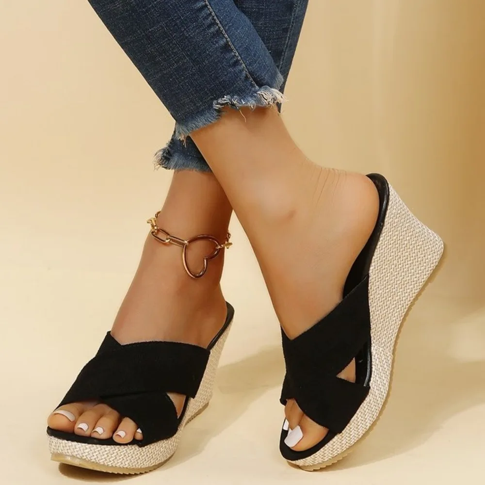 Nuevas sandalias de cuña con tiras cruzadas para mujer, plataforma de esparto, tacón alto, punta abierta, fáciles de poner, para verano, playa, uso diario, informales, zapatos de mujer.
