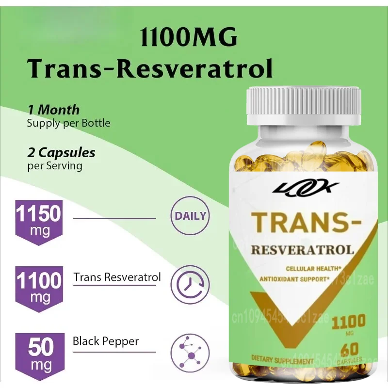 99% Resveratrol 1100mg Antioxidant, Anti-aging, Skin Health, Cell Repair, Enhanced NAD+, Immune and Energy Support, 60 Capsule