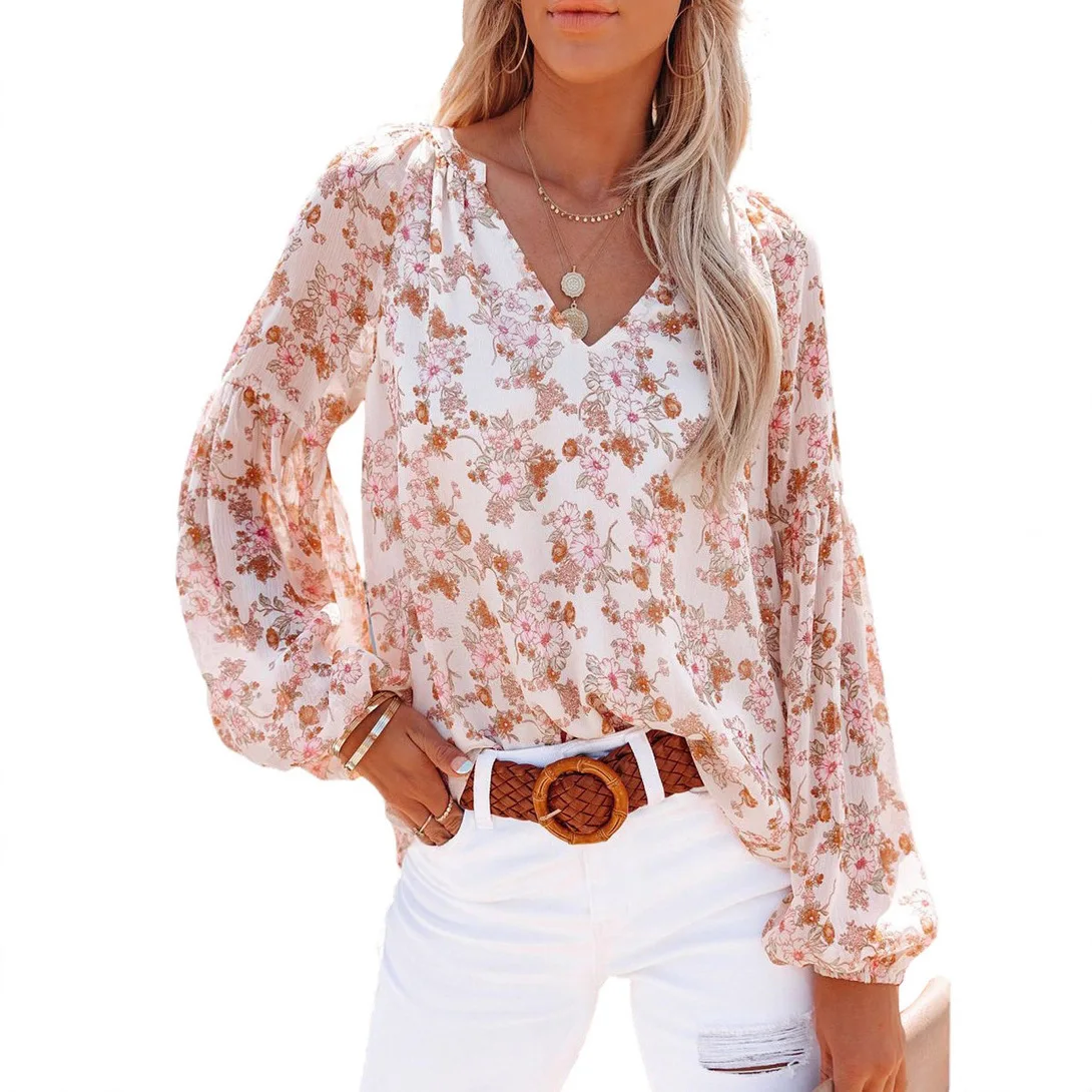 

2025 Autumn Winter Top for Women V-neck Chiffon Lantern Sleeve T-shirt Pullover Blood Floral Chiffon Female's Shirt