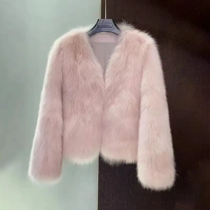 Jaqueta curta de pelúcia faux fox fur feminina, casaco quente, casaco grosso, moda coreana, preto, branco, rosa, cáqui, roupas femininas, outono, inverno, novo