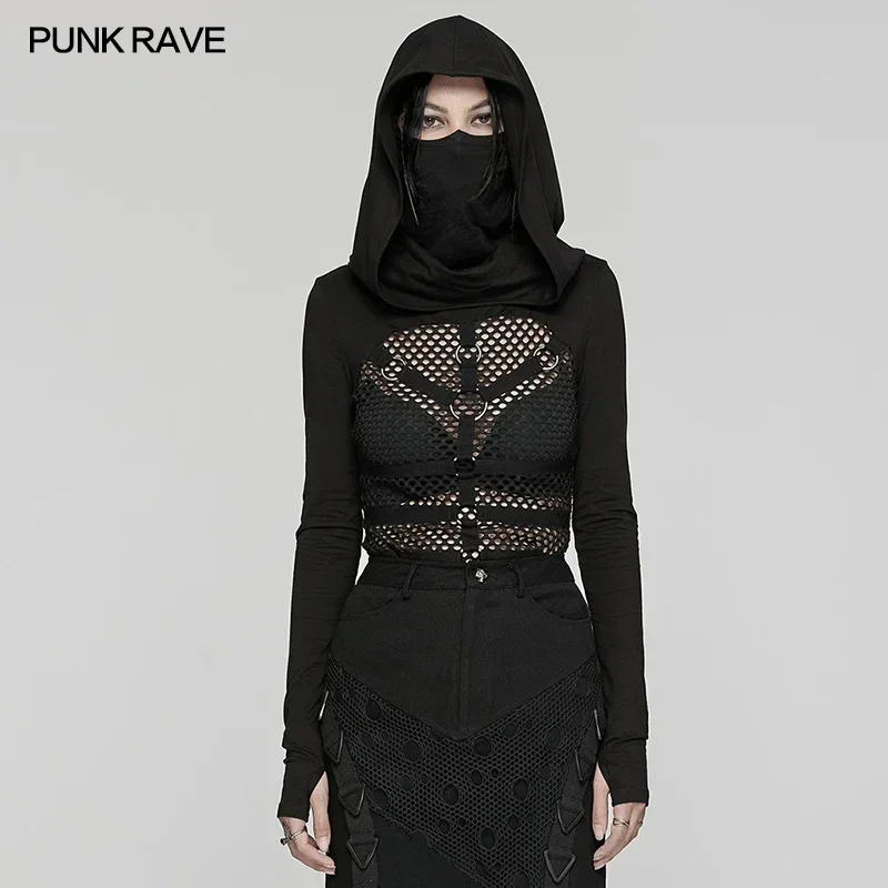 PUNK RAVE Women's Punk Mystery Hooded T-shirt Mask-style High Collar Sexy Mesh Body Personality Handsome Cool Dark Tees