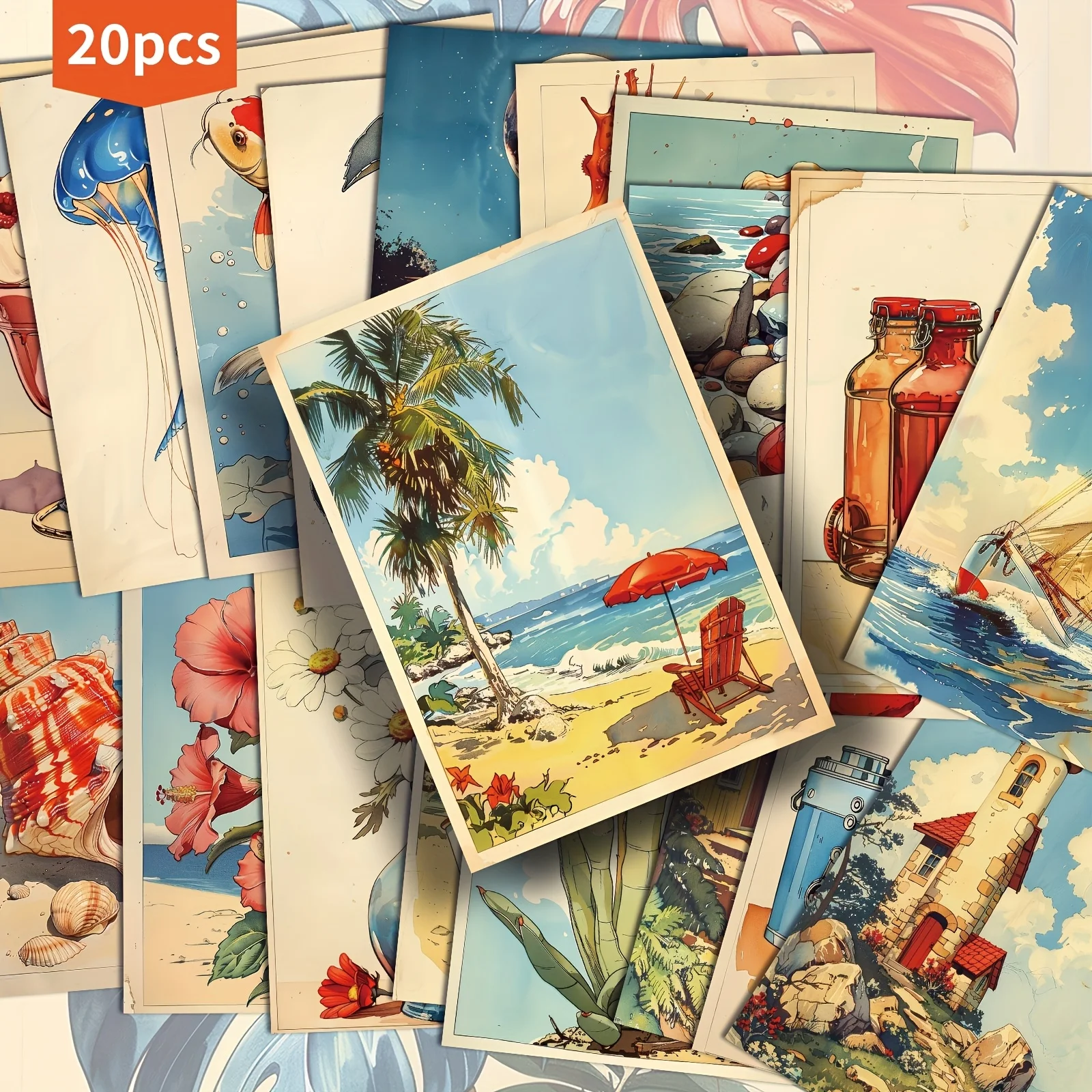 Vintage Collectible Cards - 20 Stück Vintage Sommer-Strand-Postkarten, klassische Illustrationen,