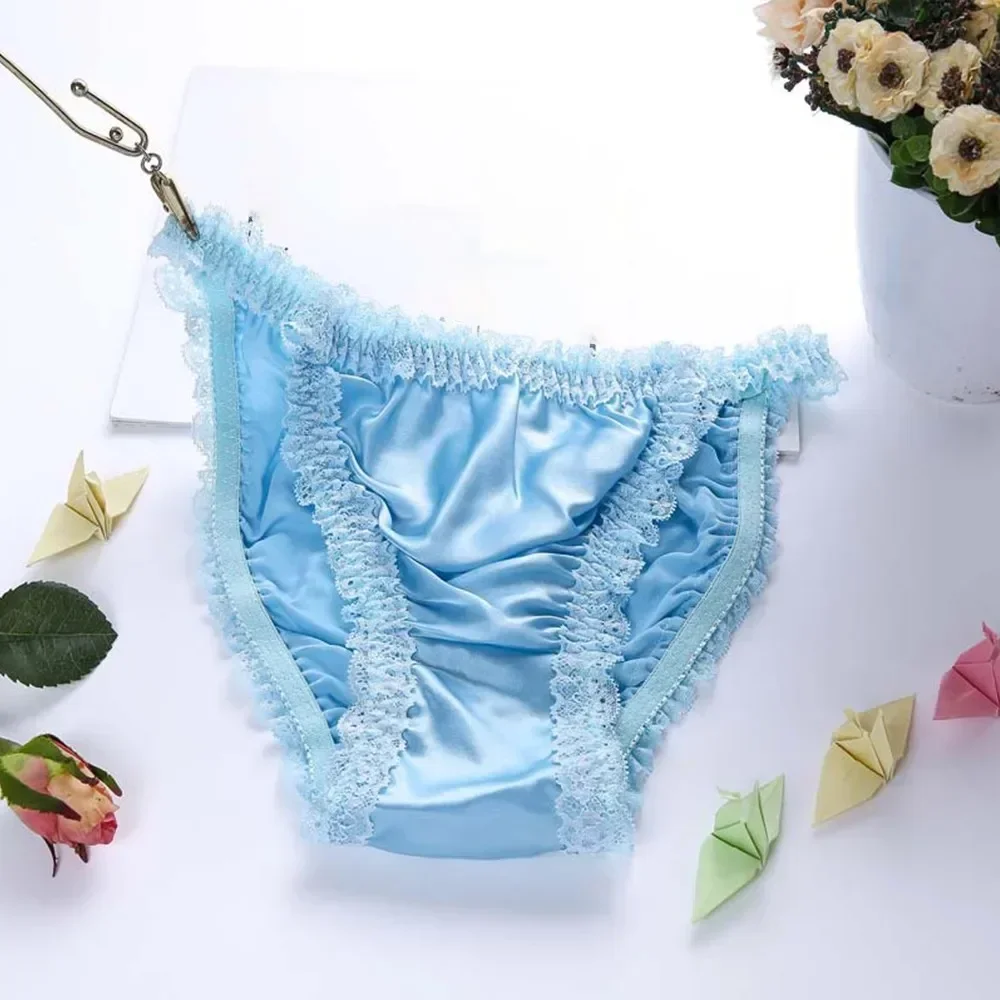 

1pc Sexy Women's Silk Lace String Briefs Shorts Elastic Low Waist Underwear Solid Color Female Panties Lingerie