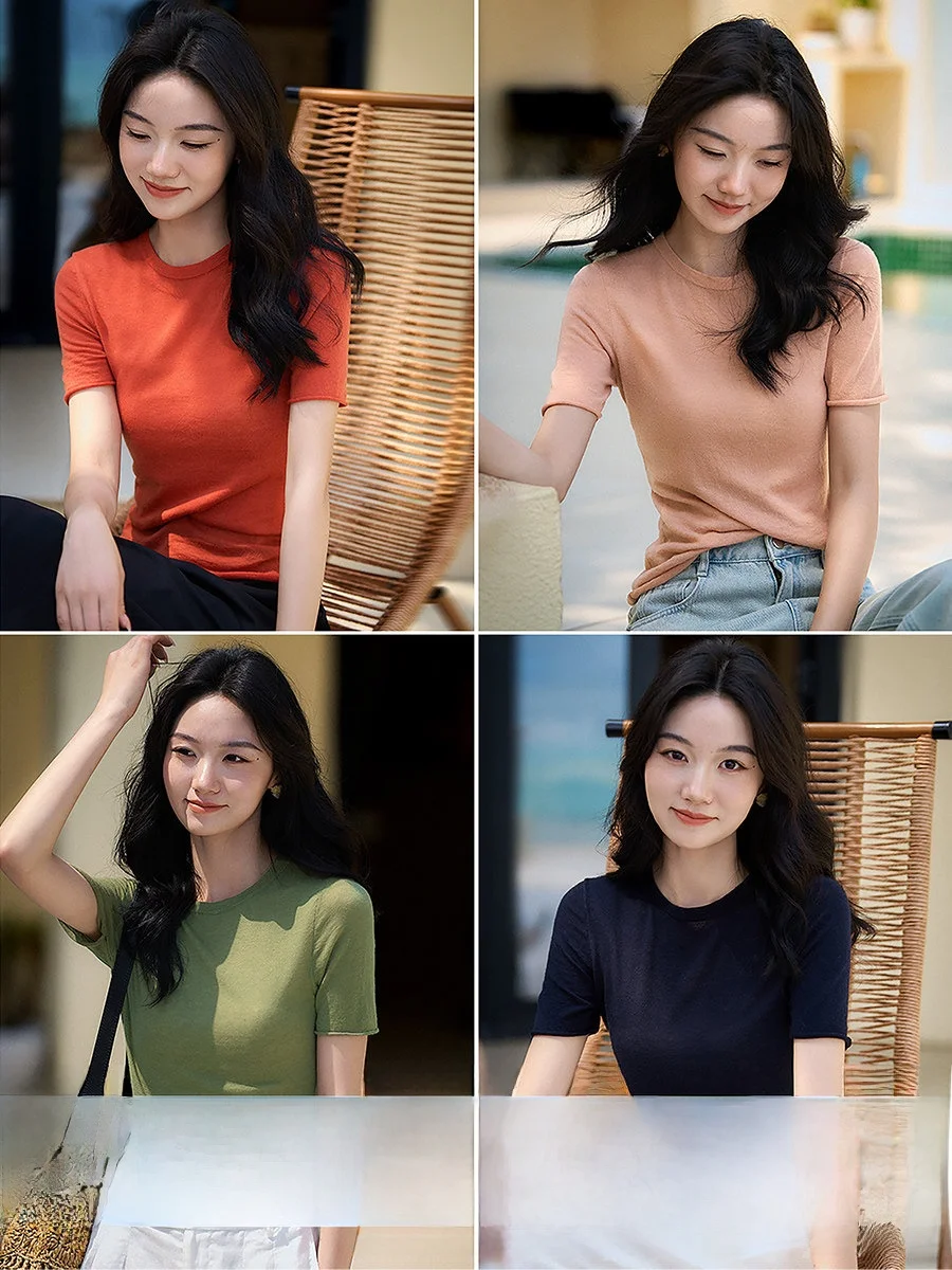 

Водорастворимая шерстяная вязаная футболка XiaoHanGe с коротким рукавом: нежная, комфортная, дышащая, элегантная женская трикотажная одежда