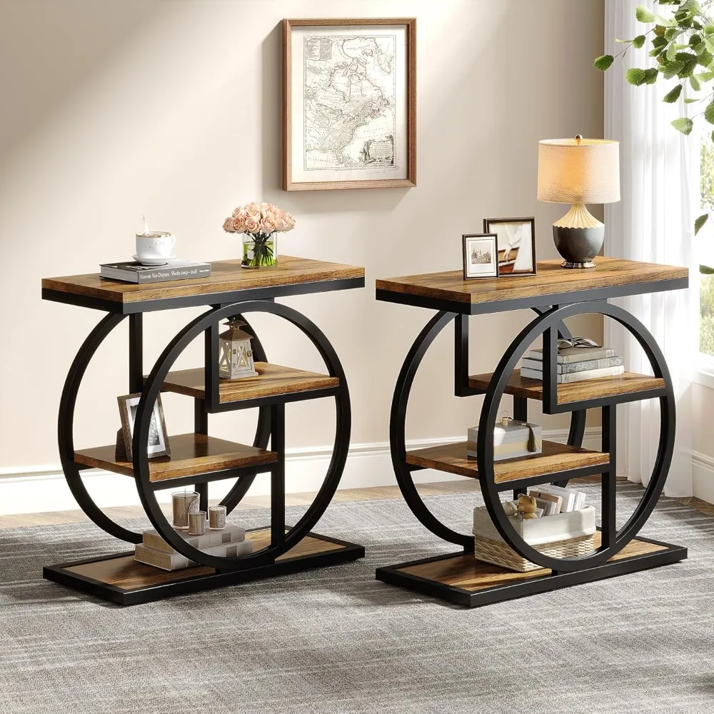 End Table Set of 2, 4-Tier Narrow Side Table with Storage Shelves, Wood Small Sofa Side Table with Geometric Metal