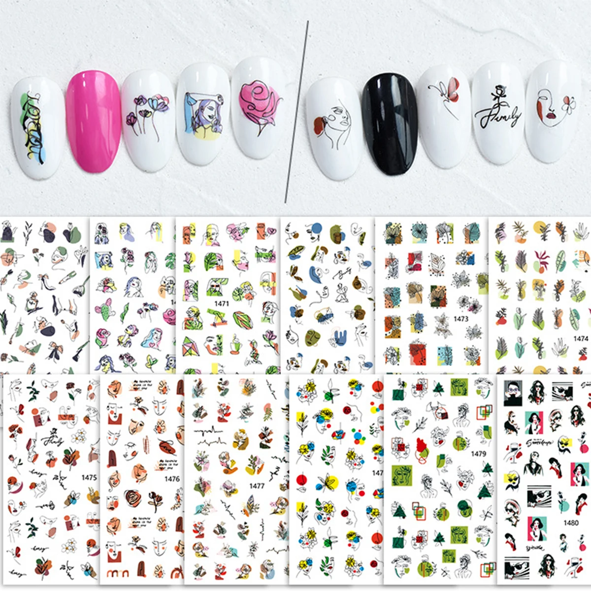 10PCS New Abstract Series Nail Sticker Graffiti Figure Bear Line Nail Sticker Geometric Nail Decal 3D Self-adhesive Slider