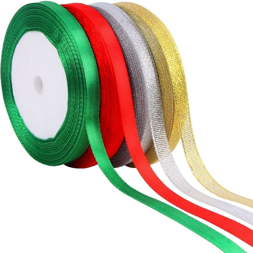 Christmas Satin Gift Ribbon 4 Rolls Metallic Glitter Fabric Ribbons for Gift Wrapping Christmas Tree DIY Crafts Decoration 1CM