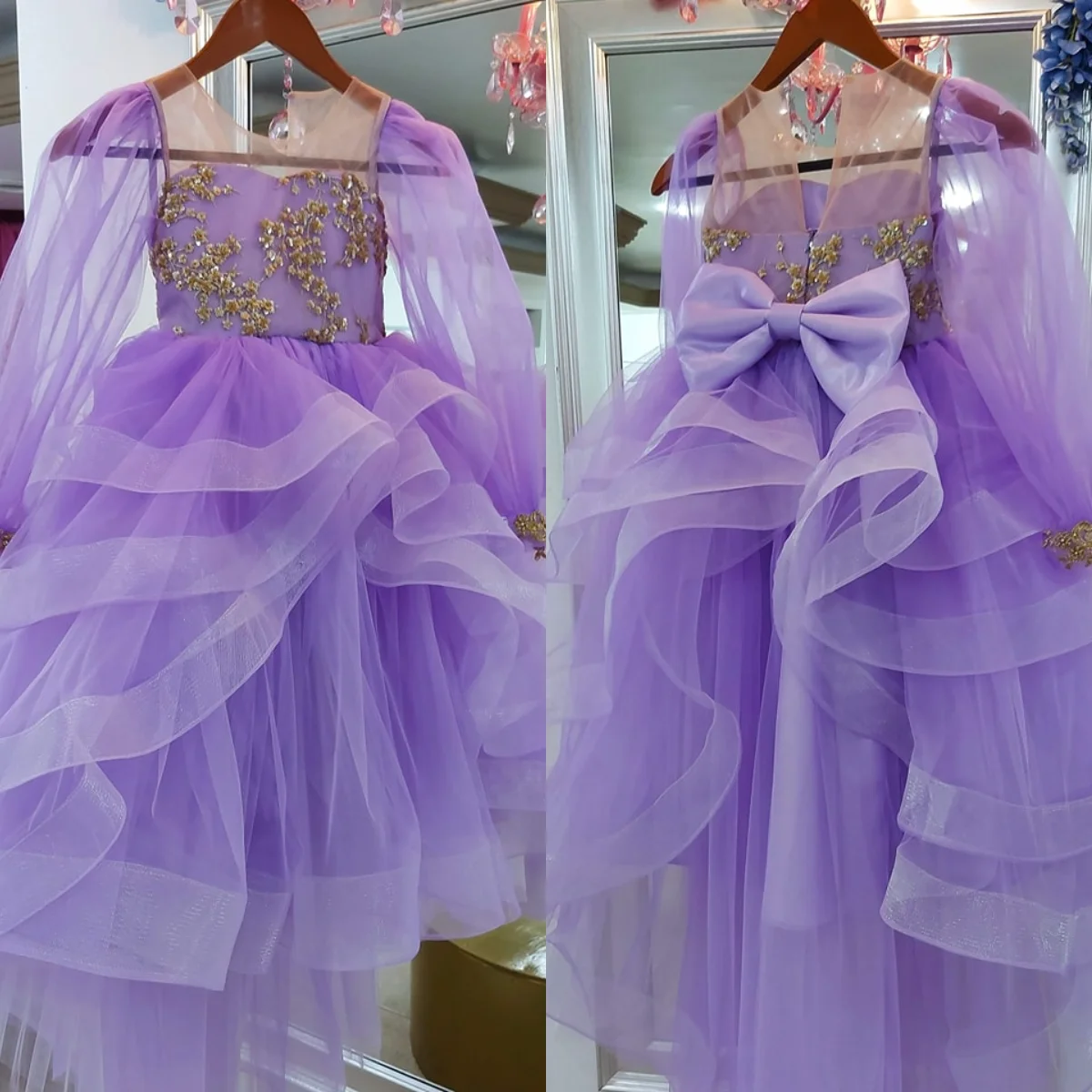 

Lavender Beading Girls Birthday Party Dresses Customized Ball Gown Flower Girl Dresses Baby Kids Pageant Gowns