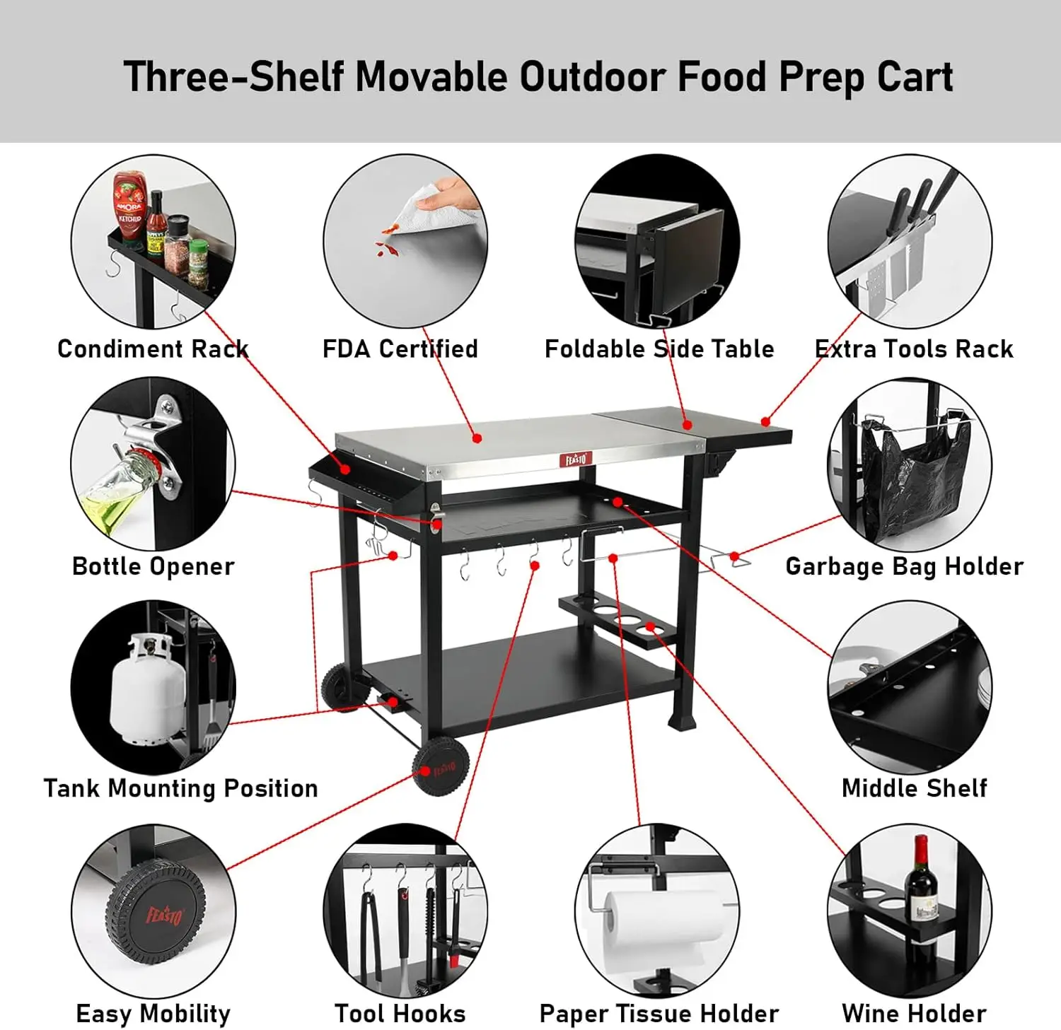 Table de cuisson mobile à 3 étagères, table de four à pizza, table de préparation, station de cuisson, chariot de gril avec côté, extérieur, intérieur et extérieur