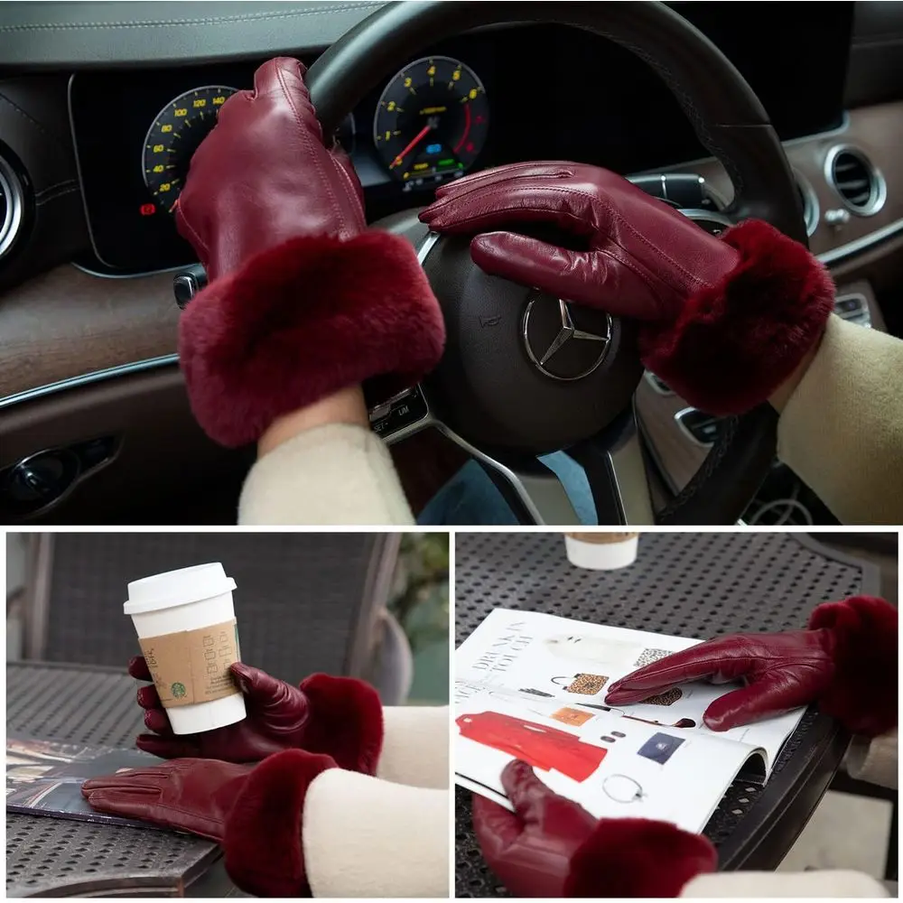 قفازات نسائية من جلد فرو الأرنب مع شاشة تعمل باللمس للقيادة الشتوية متعددة الألوان #6