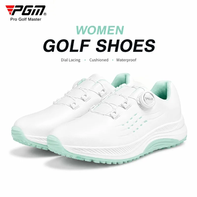 PGM Women Golf Shoes Waterproof Dial Lacing Spikeless Anti Slip Cushioned Golf Sneakers White XZ435