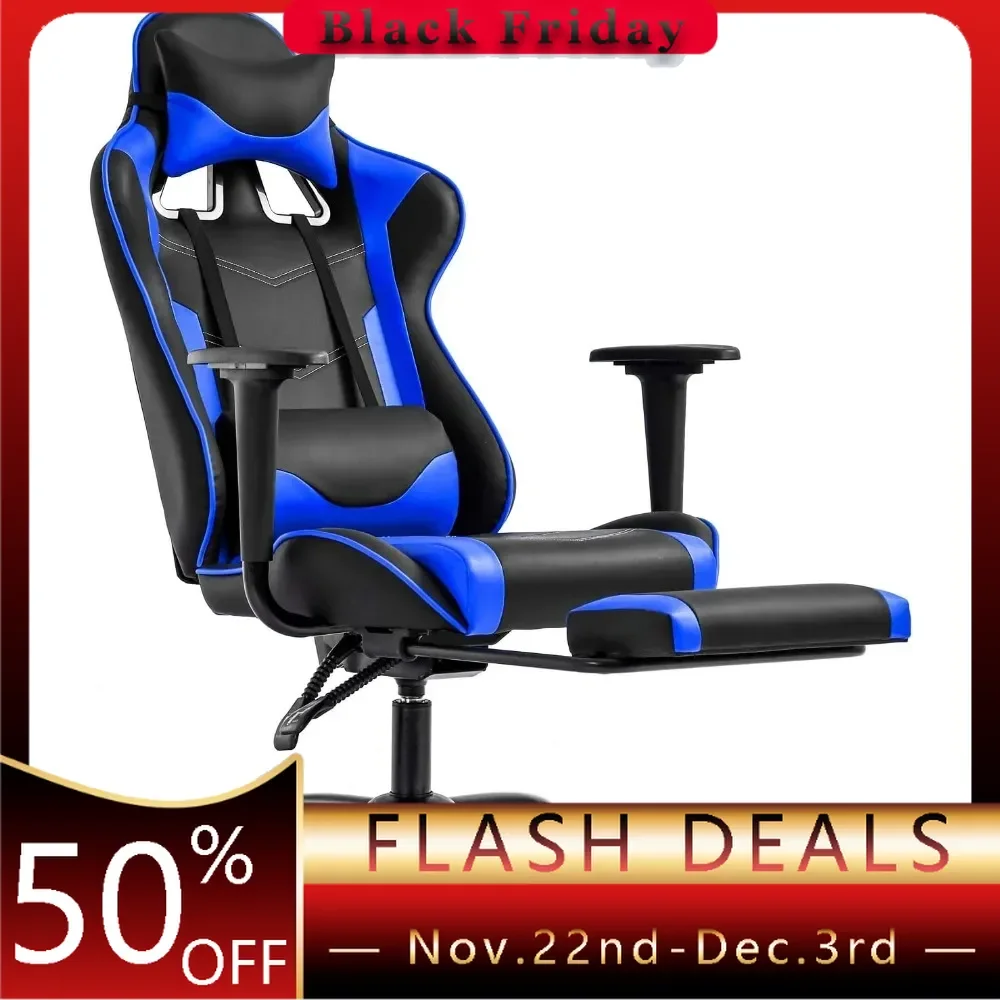 Gaming Chair with Footrest, Reclining Computer Lumbar Support and Headrest,Racing Style Video Gamer (Blue)