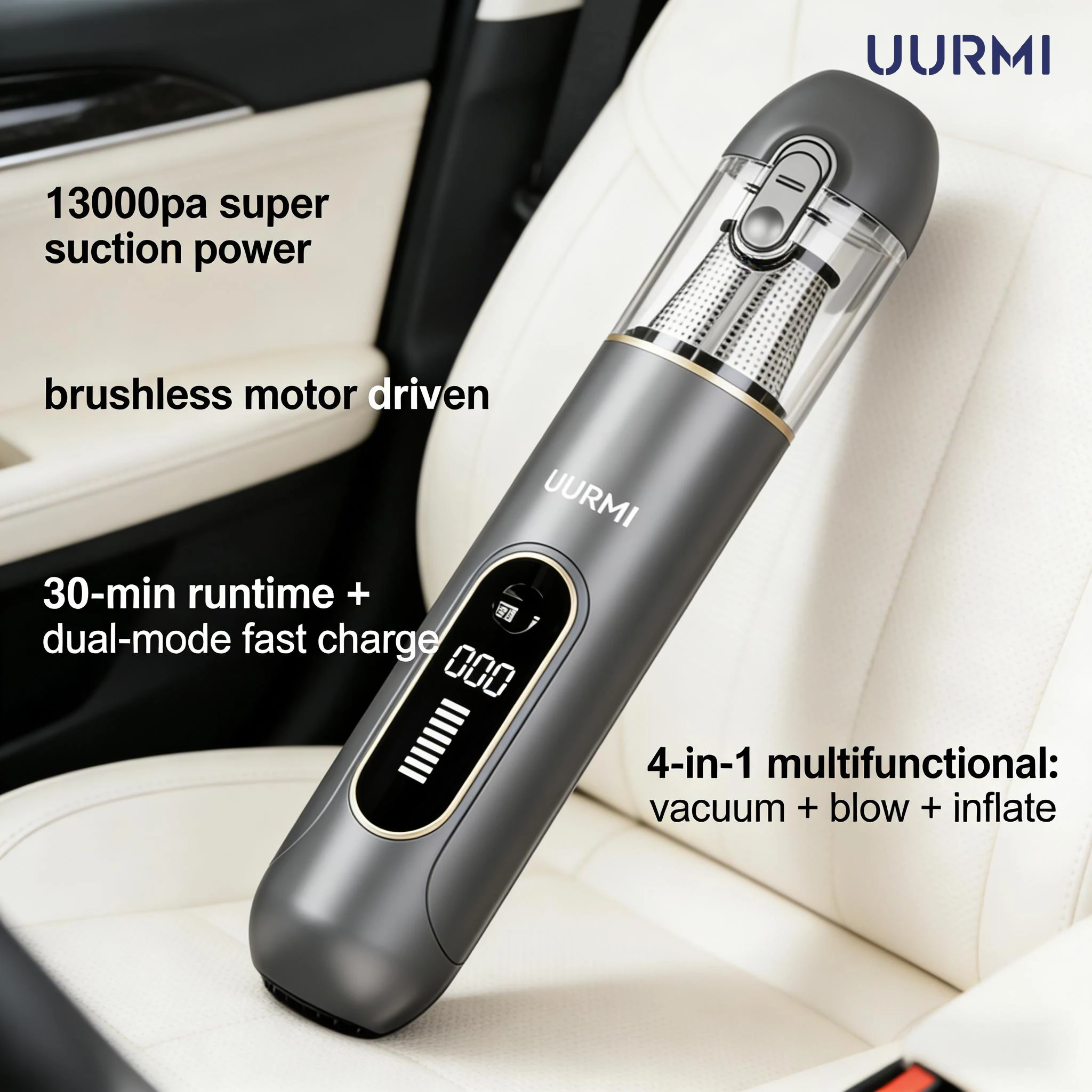

Cordless Vacuum 13000Pa 4-in-1 with LCD Display, One-Touch Empty, Super Suction for Car Home Office, Blow Function