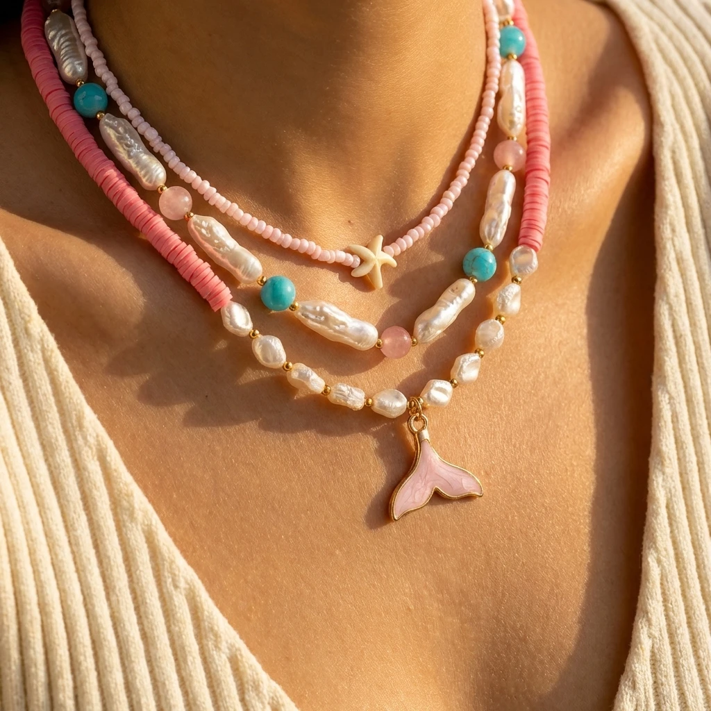 Böhmische Strandmuschel-Perlenkette für Frauen, handgefertigte Imitationsperlen-Kette mit Seestern-Anhänger, Urlaubsparty-Schmuck – Detail 3
