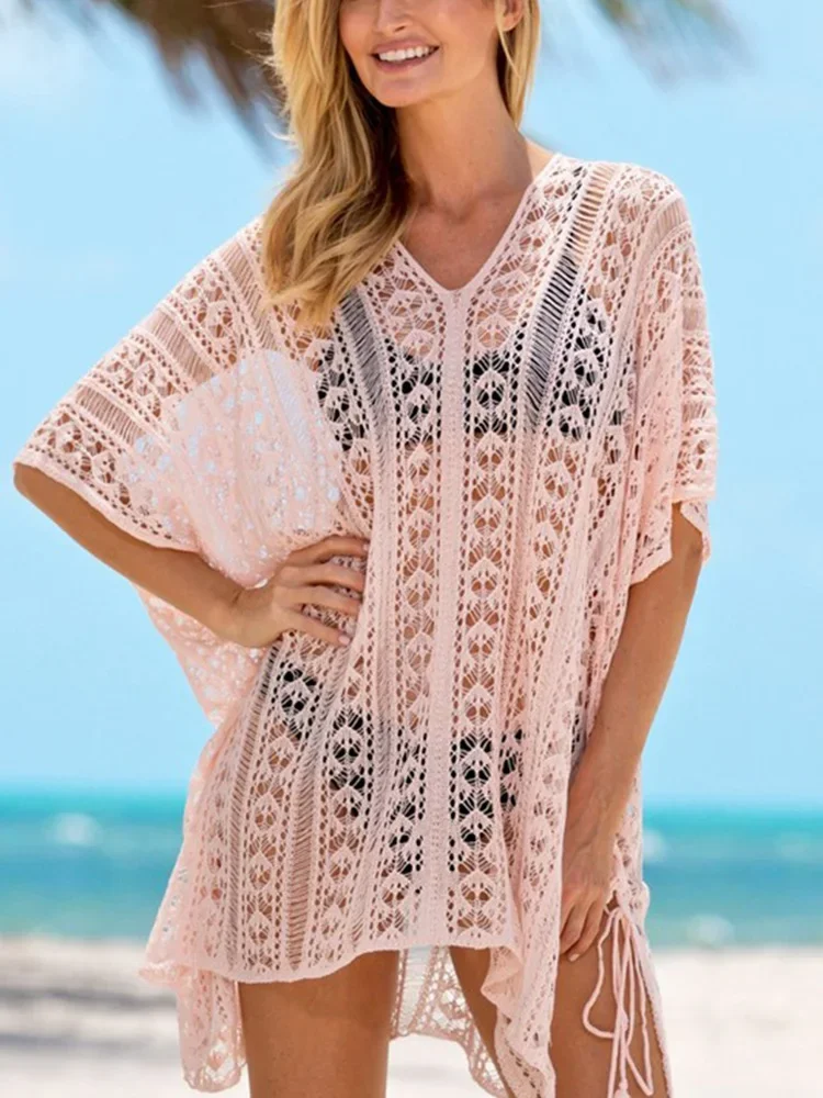 2025 new See Through Bikini Cover-Ups Women Beach Cover Up V-Neck Plus Size Mini Dress Summer Fashion Female Slit Cut Beachwear